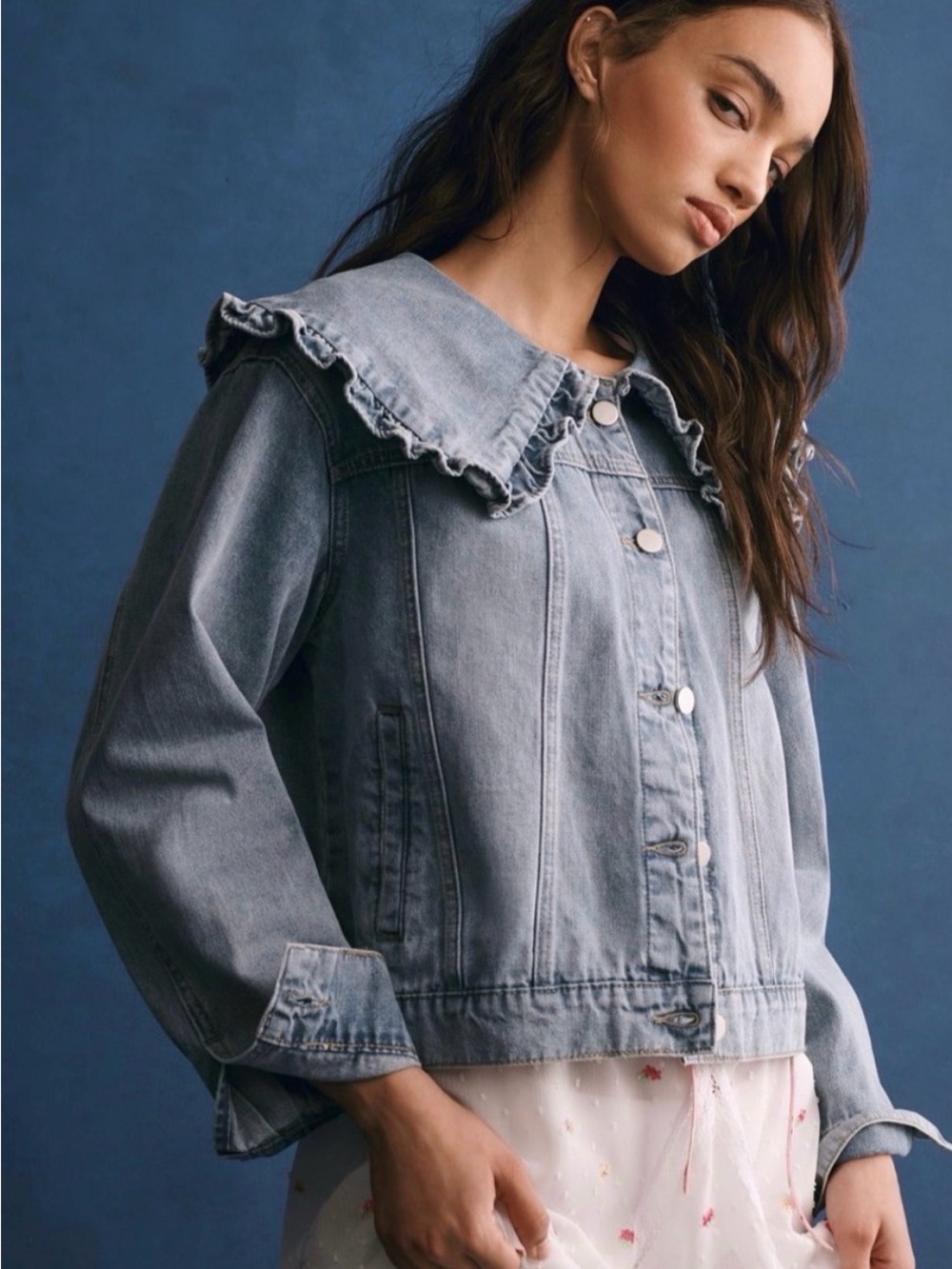 Anthropologie Mable Light Blue Denim Jacket with Ruffle Peter Pan Collar NWT - Picture 3 of 7